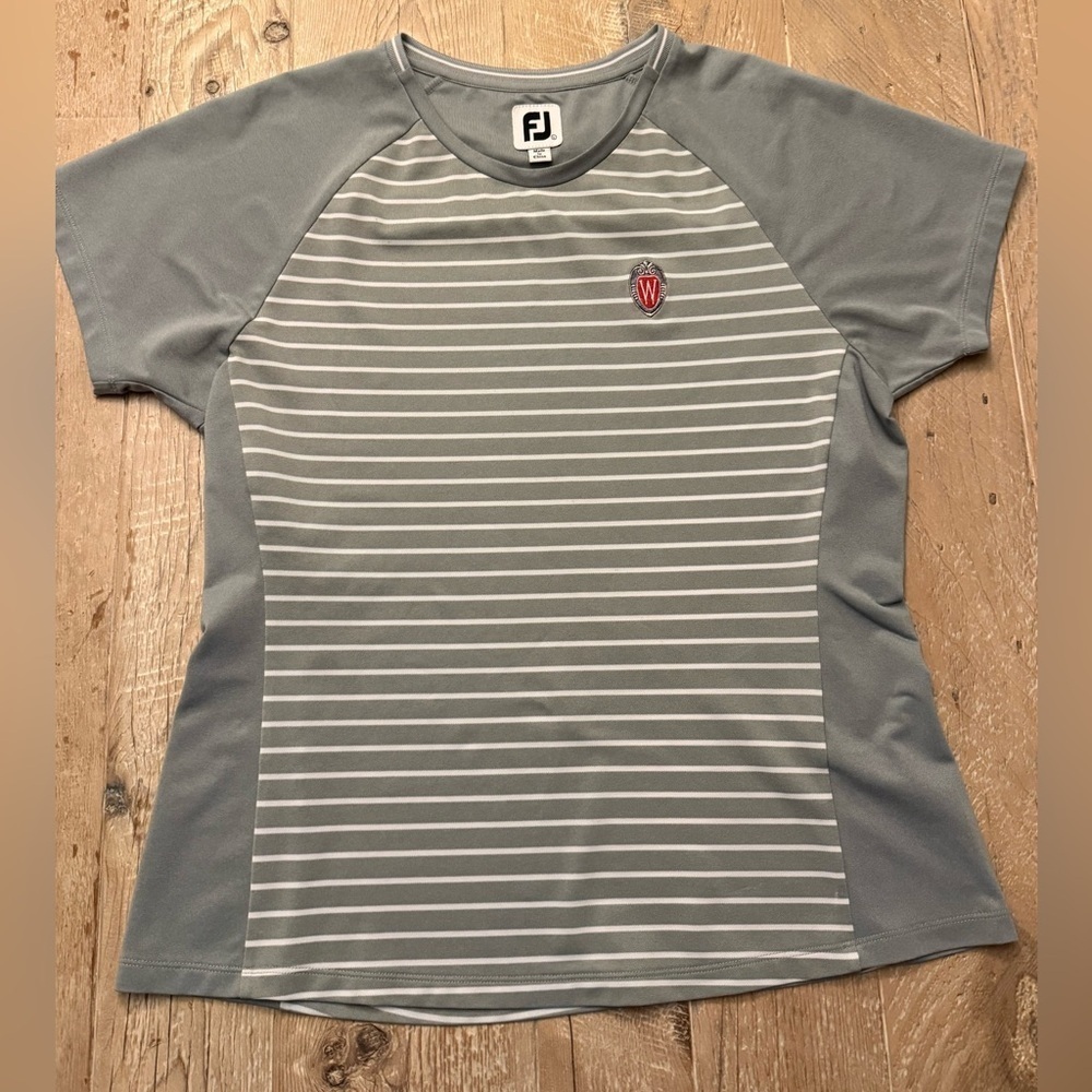 Footjoy FJ Womens Size L Grey UW Wisconsin Logo White Striped Golf Shirt